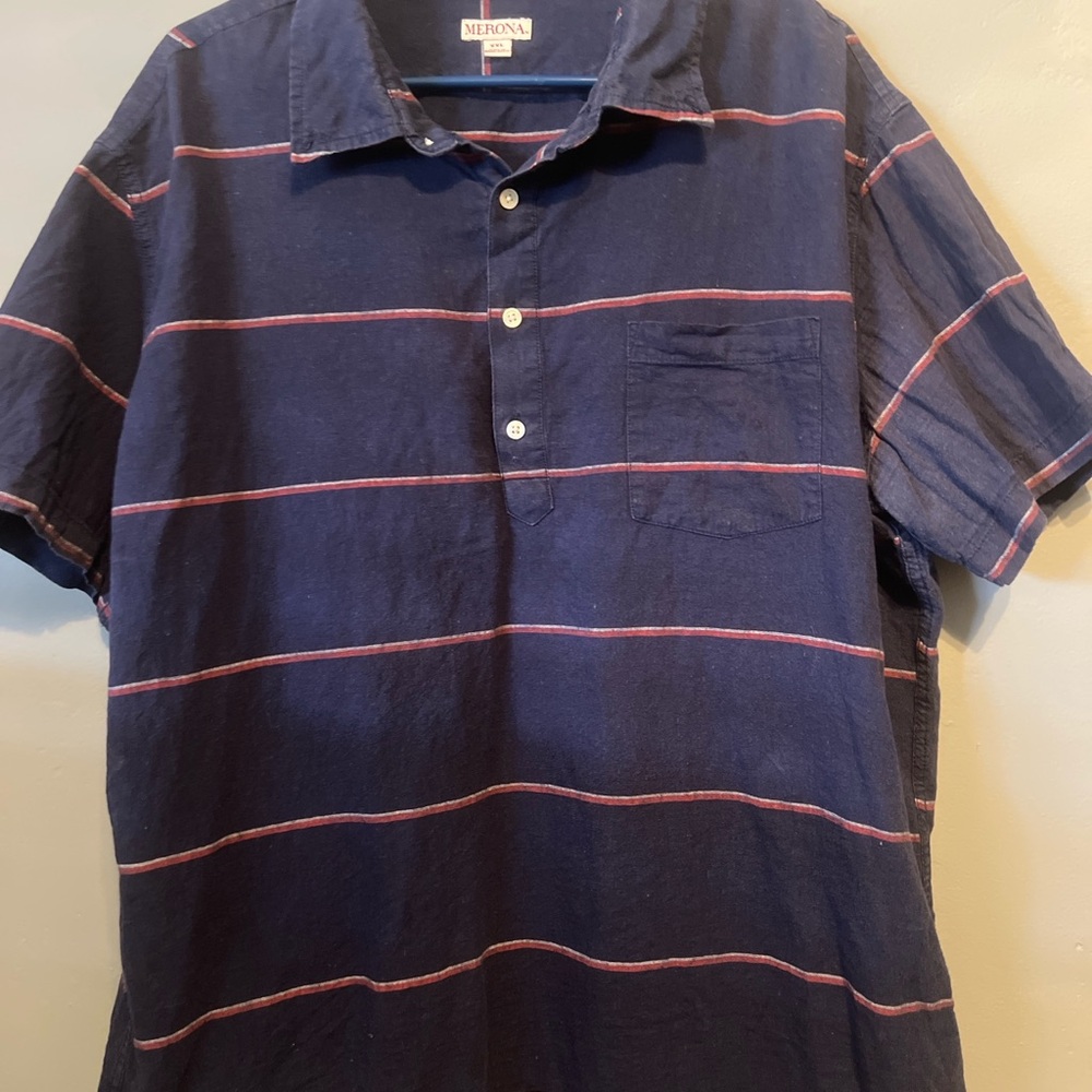 Merona Men's Polo in Dark Blue with Light Red Stripes